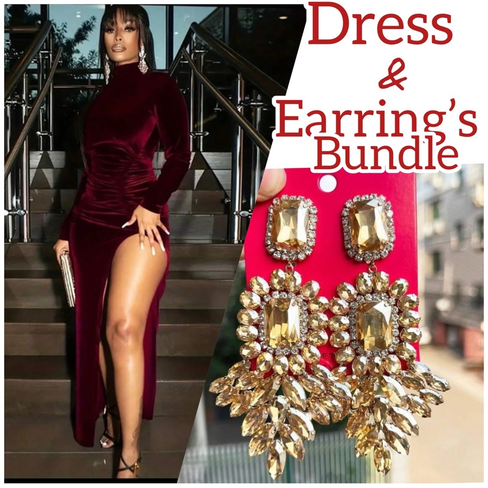 New Velvet Longsleeve Dress w/ Slit& Fashion Crystal Rhinestone Earrings Bundle